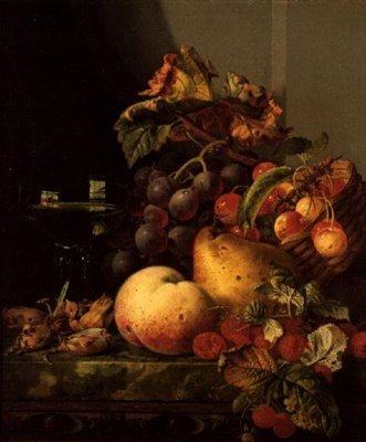 A Still Life of a Glass of Wine, Cherries and Other Fruit on a Ledge by Edward Ladell