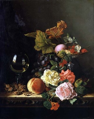 A Wine Glass, Grapes, Nuts and Roses on a Ledge by Edward Ladell