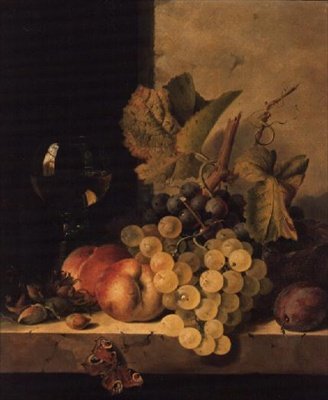 Grapes, Peaches and a Wine Glass on a Ledge by Edward Ladell