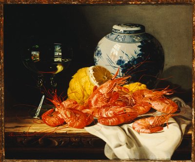 Shrimps, a Peeled Lemon, a Glass of Wine and a Blue and White Ginger Jar on a Draped Table by Edward Ladell