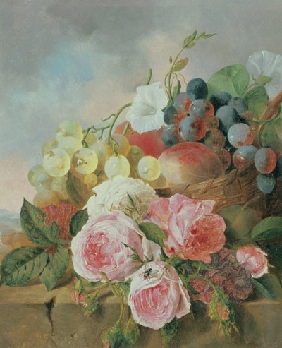 Still life of fruit and roses on a ledge by Edward Ladell