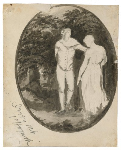 A Couple in a Wooded Landscape Set in an Oval by Edward Lear