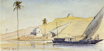 A large Egyptian fellucca on the Nile, in front of the steep banks, with a palm tree and two white marabouts, which accentuate the desert aspect of the landscape by Edward Lear