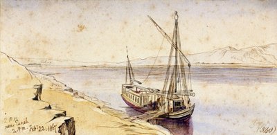 A Traditional Egyptian Boat Docking on a Bank of the Nile, Near Esneh by Edward Lear