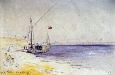 An Egyptian Boat Docked on the Bank of the Nile, Near Wady Halfeh by Edward Lear