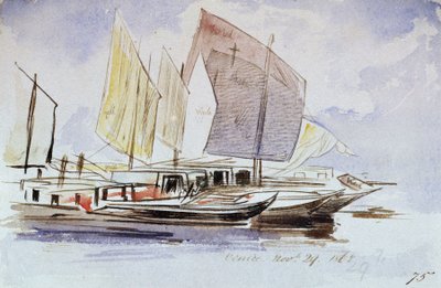 Studies of Venetian boats, full sail, starboard view by Edward Lear