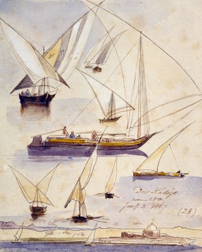 Studies of various Egyptian boats near Deir Kadige and a view of the banks of the Nile with a mosque by Edward Lear
