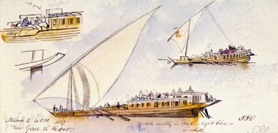 Three Studies of an Egyptian Boat, Carrying Passengers, Near Gau el Kebir (Egypt), with Annotations on the Clothes of the Characters Represented by Edward Lear