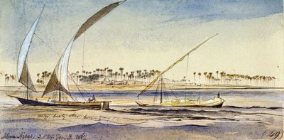Two Egyptian Boats Sailing on the Nile, Near Abu Ajees by Edward Lear