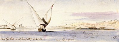 View of the Nile near Golosona (Egypt), with a traditional Egyptian boat sailing by Edward Lear