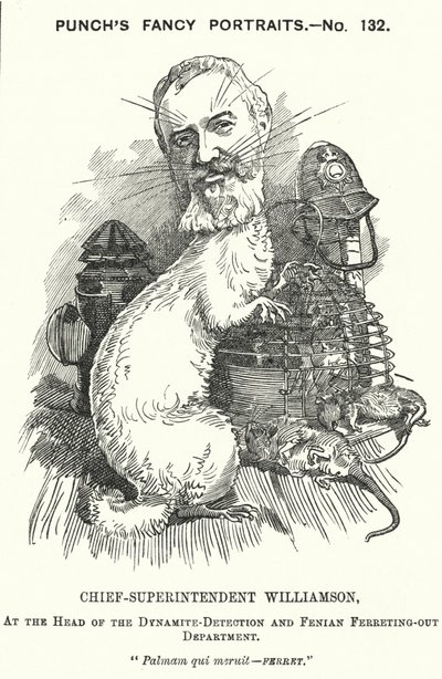 Punch cartoon: Adolphus Williamson, British police officer and first head of the Detective Branch of the Metropolitan Police by Edward Linley (after) Sambourne