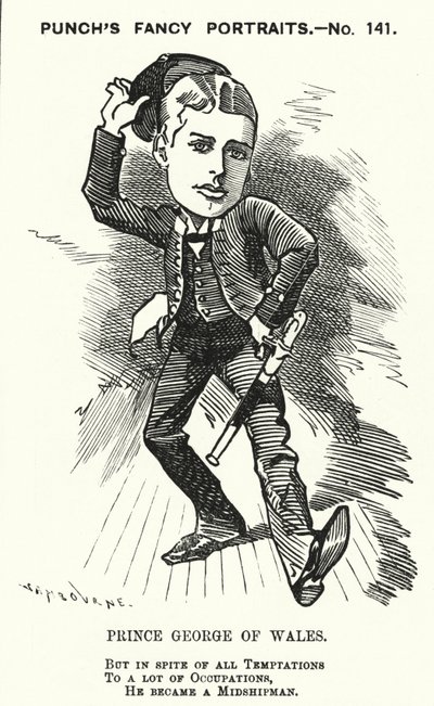 Punch cartoon: Prince George of Wales, the future King George V, as a midshipman in the Royal Navy by Edward Linley (after) Sambourne