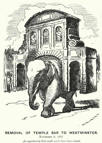Punch Cartoon: Removal of Temple Bar to Westminster by Edward Linley (after) Sambourne