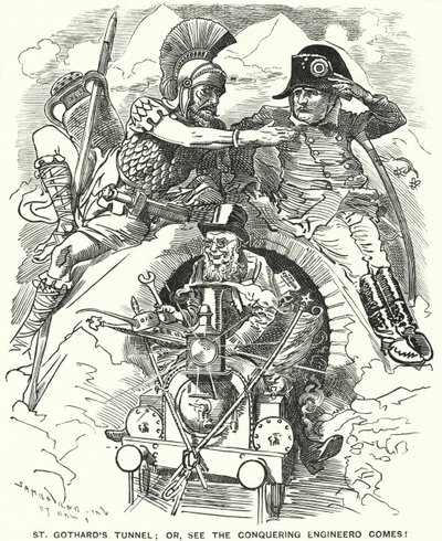 Punch cartoon: completion of the St Gotthard railway tunnel beneath the Alps by Edward Linley (after) Sambourne
