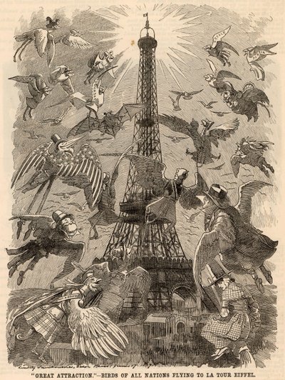 Birds of All Nations Flying to Eiffel Tower by Edward Linley Sambourne