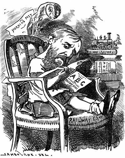 Evelyn Ashley English author and Liberal politician: son of 7th Earl of Shaftesbury. Cartoon by Edward Linley Sambourne in the Fancy Portraits series from Punch London April 1881 when Ashley was under-secretary at the Board of Trade. by Edward Linley Sambourne