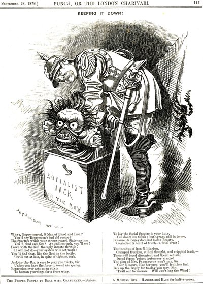 Keeping It Down. Otto von Bismarck (1815-1898) Germany Chancellor, Trying to Force the Jack of Socialism Back in His Box. Cartoon by Edward Linley Sambourne by Edward Linley Sambourne