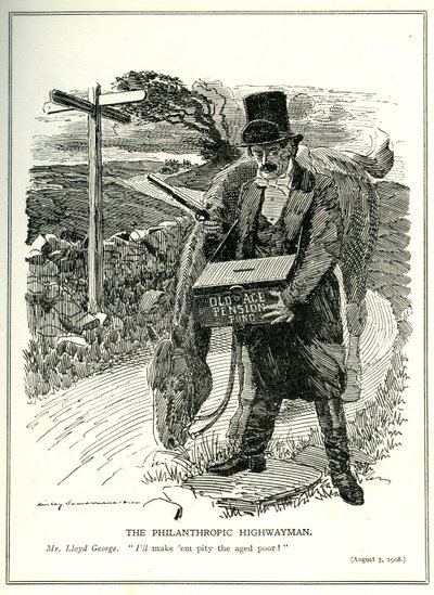 The Philanthropic Highwayman, Lloyd George with the Old Age Pension Fund, Cartoon from 
