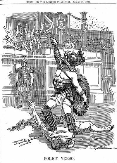 With Return of Liberal Government in Britain, December 1905, Free Trade Was the Policy, Rather Than the Conservative Policy of Protection by Tariff. Cartoon by Edward Linley Sambourne from Punch London 24 January 1906 by Edward Linley Sambourne