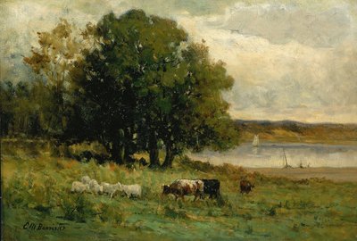 Untitled (cattle near river with sailboat in distance) by Edward Mitchell Bannister