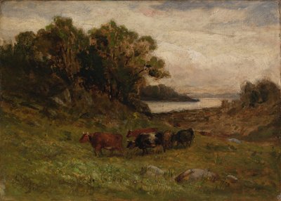 Five Cows Grazing with Trees and River in Background by Edward Mitchell Bannister