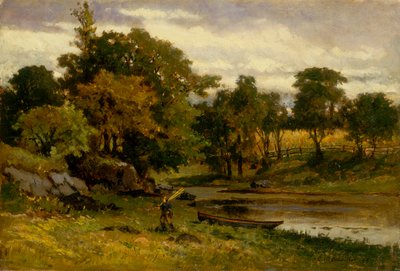 Untitled landscape, boat moored near stream, man walking in foreground by Edward Mitchell Bannister