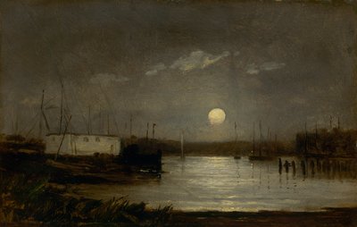 Untitled Moon Over a Harbor, Wharf Scene with Full Moon and Masts of Boats by Edward Mitchell Bannister