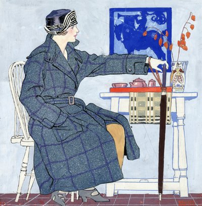 A young woman sitting beside a table holding an umbrella by Edward Penfield