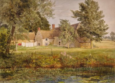 Stone buildings, washing line and lily pond by Edward Pretty