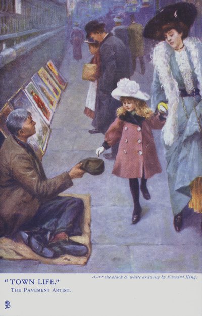 A Young Girl and Her Mother Give Money to a Pavement Artist by Edward R. King