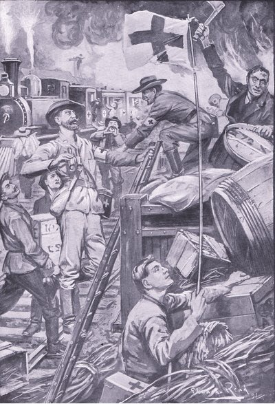 Bogus ambulancemen destroying stores at Komati Foort under cover of the Red Cross flag (illustration from After Pretoria: The Guerilla War, 1902) by Edward Read