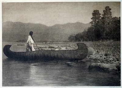 Indians of America: an Indian on a canoe boat in southern Flathead Lake, Montana by Edward Sheriff Curtis