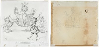 The Stagecoach for Parliamentary Purposes (recto) Study for Cab and Front Left Wheel of Coach and Study for Head of Crowned Figure Seated on Top of Coach (verso) by Edward Tennyson Reed