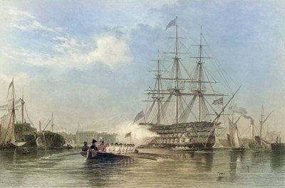 British Navy Flagship Saluting in Gosford Harbour by Edward William (after) Cooke
