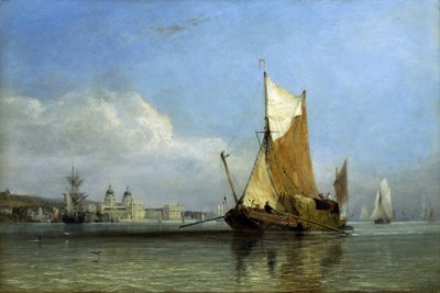 A barge full of hay off Greenwich, on the Thames (England), a type of flat bottom boat, practical for entering the creeks of the Suffolk and Margate farms, went back and forth to the heart of London to supply hay for hundreds of horses in the capital by Edward William Cooke