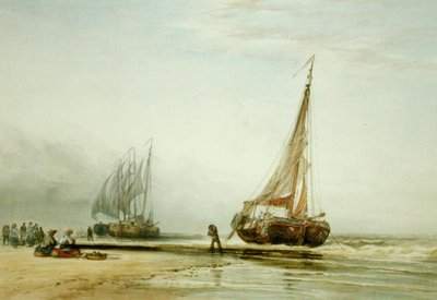 Dutch Fishing Boats on the Beach with Groups of Fisherfolk by Edward William Cooke