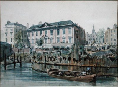 View of a timber cofferdam enclosing pile drivers and hoists for London Bridge by Edward William Cooke