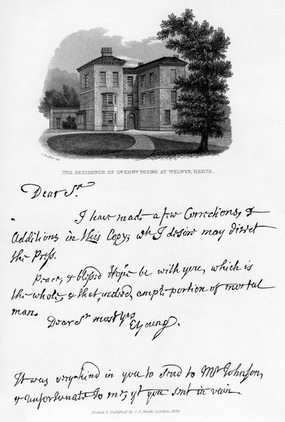 A letter from Edward Young, and a view of his residence at Welwyn, Hertfordshire by Edward Young