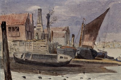 Battersea, the River Bank with Boats by Edward attr. to Bragg