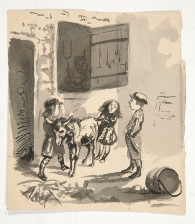 Children with Donkey (recto); Unidentified Illustration of an Organ Grinder (verso) by Edwin Austin Abbey