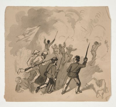 Civil War Battle Scene (recto); Unidentified Illustration of Man in a Forest (verso) by Edwin Austin Abbey