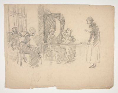Early study for Stony Ground 1884, interior with figures by Edwin Austin Abbey