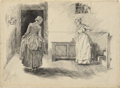 Enter Mrs. Hardcastle & Maid, study for Oliver Goldsmith by Edwin Austin Abbey