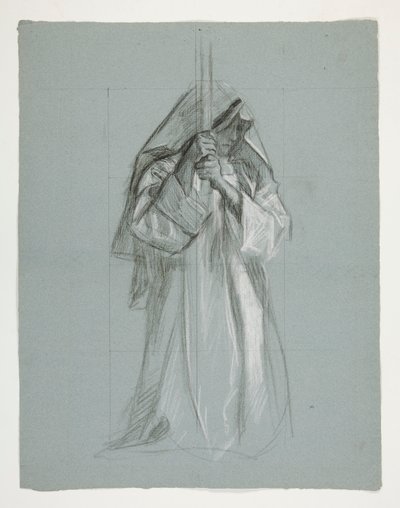 Figure study for Sir Lancelot and Sir Bors outfit Galahad with his spurs, from The Quest of the Holy Grail (second of a series of fifteen paintings for the Boston Public Library, completed in 1901) by Edwin Austin Abbey