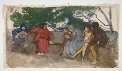 Figures Seated Along an Outdoor Bench by Edwin Austin Abbey