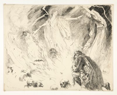 First Apparition: Macbeth! Macbeth! Macbeth! beware Macduff., Act IV, Scene 1, Macbeth by Edwin Austin Abbey