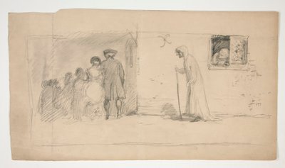 Group of Figures Outside Stone House - Unidentified Illustration by Edwin Austin Abbey