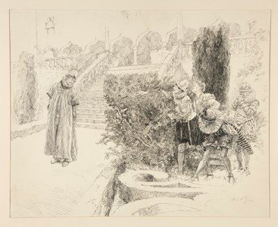 Malvolio finds the letter, illustration for Act II, Scene v, Twelfth Night by Edwin Austin Abbey
