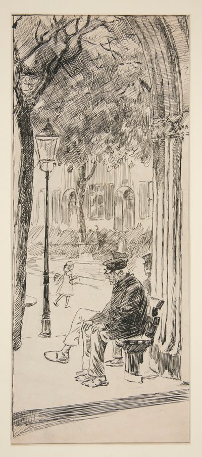 Man on park bench - unidentified illustration by Edwin Austin Abbey