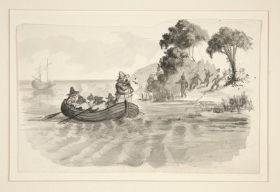 Men in Rowboat Fleeing Indians on Shore - Unidentified Illustration (Columbus Discovering New World?) - Explorers Landing in the New World by Edwin Austin Abbey